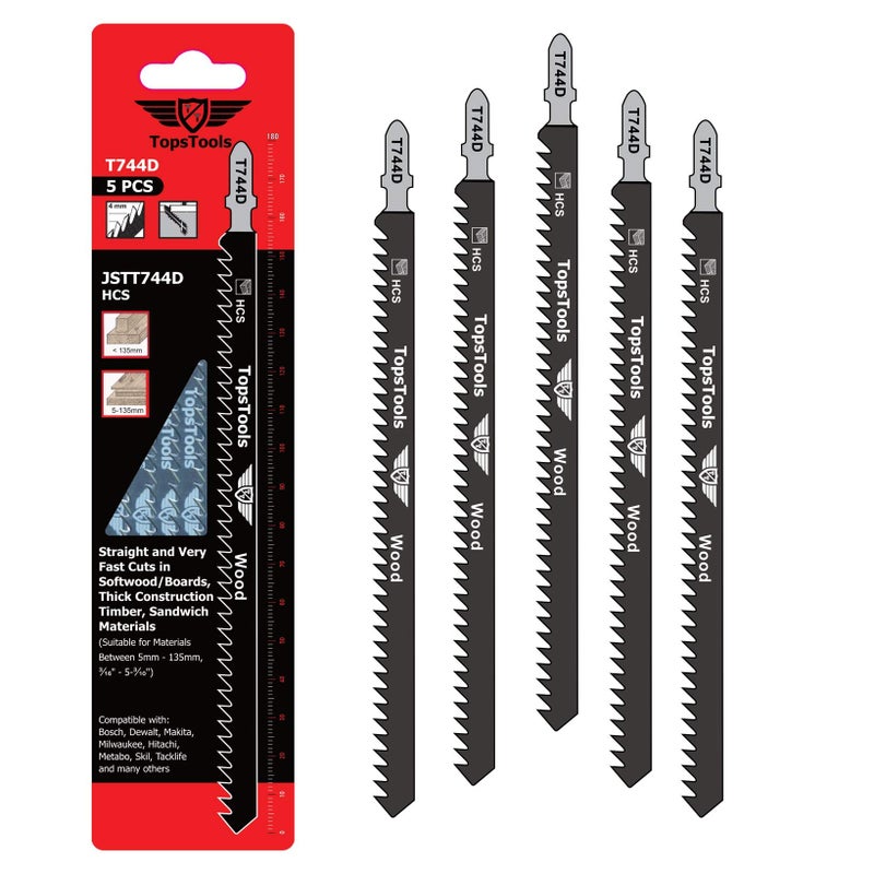 TopsTools 5 x TopsTools JSTT744D T744D 180mm Jigsaw Blades Designed for Long Clean Straight and Fast Cuts in Wood - Image 1